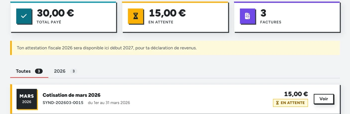 Capture : les cotisations, les factures et l’attestation fiscale d’un·e adhérent·e