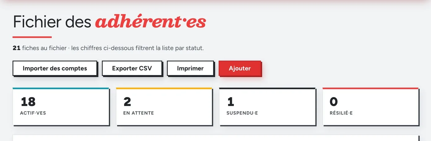 Capture : le fichier des adhérent·es, avec ses compteurs par statut