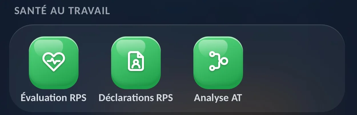Capture de l’application Prévéo 360 : le menu Santé au travail, avec l’évaluation RPS, les déclarations RPS et l’analyse AT