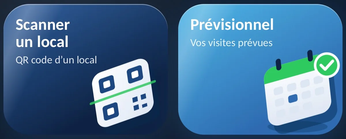 Capture de l’application Prévéo 360 : scanner le QR code d’un local et voir les visites prévues